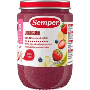 Semper Frugtpure m jordbær,æble,pære,banan & blåbær 5 mdr., 190g