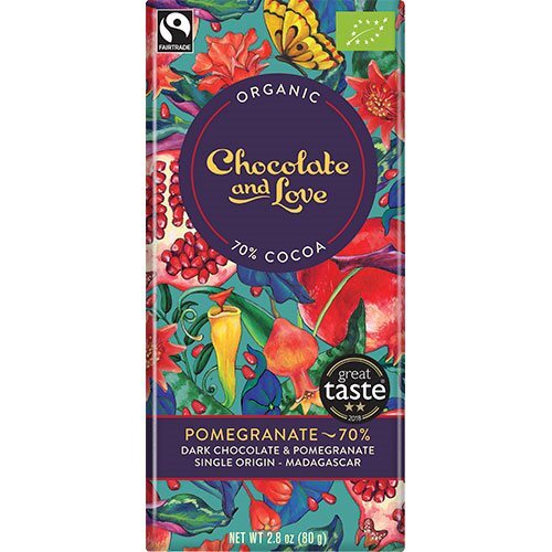 Chocolate and Love Chokolade Pomegranate 70% Ø, 80g.